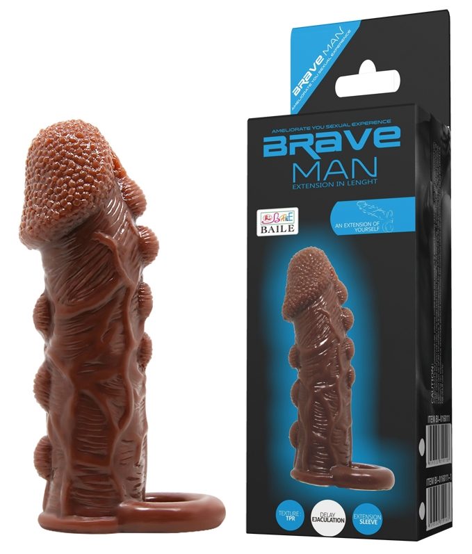 Насадка реалистичная на член с кольцом и крупными пупырышками коричневого цвета LYBAILE Brave Man BI-016012 - 1
