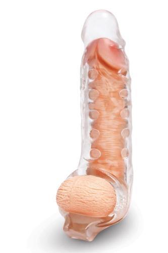 Насадка на член реалистичная с петлей для мошонки и шипами и ерекционными кольцами в наборе прозрачная Size up - 4