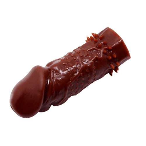 Насадка на член реалистичная с шипами коричневого цвета Lybaile длина 140 мм - 4