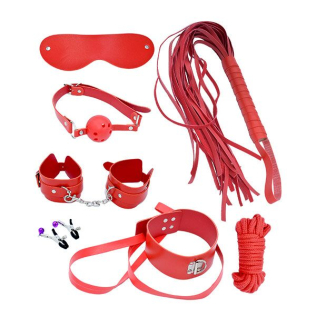 Красный набор для БДСМ игр (9 предметов) в кожанной сумке